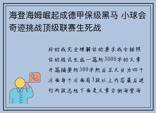 海登海姆崛起成德甲保级黑马 小球会奇迹挑战顶级联赛生死战