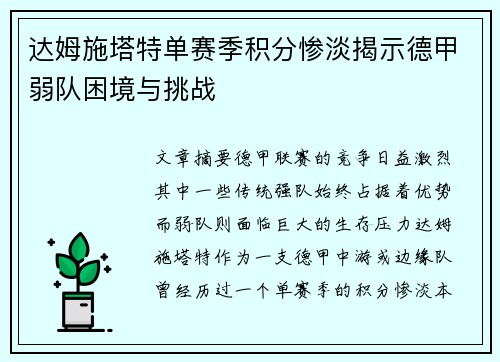 达姆施塔特单赛季积分惨淡揭示德甲弱队困境与挑战
